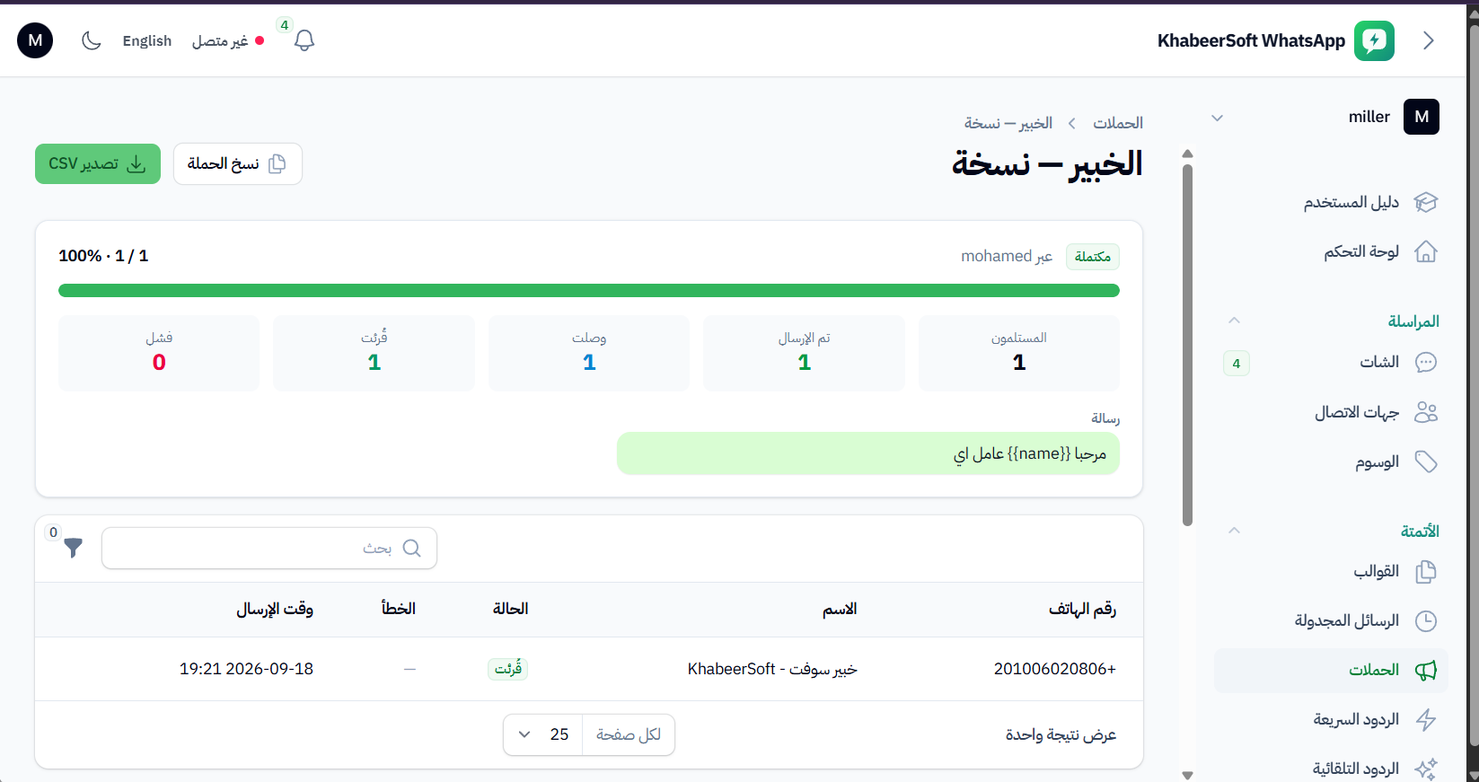 لوحة التحكم وفيها حملة مكتملة: عدد المستلمين والرسائل اللي اتبعتت ووصلت واتقرت وفشلت، وجدول بكل مستلم وحالته ووقت الإرسال.